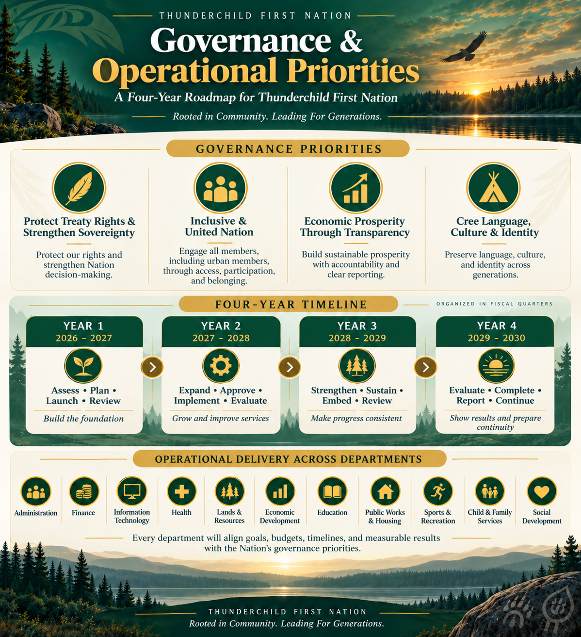 Infographic of governance priorities, a four-year timeline, and operational departments for Thunderchild First Nation